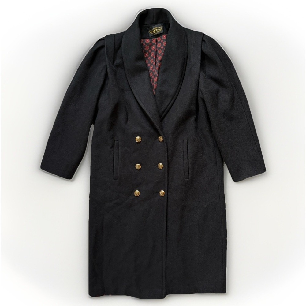 Vintage Womens Long Double Breasted Wool Coat Size L Black Trench Peacoat Shawl - Picture 6 of 16